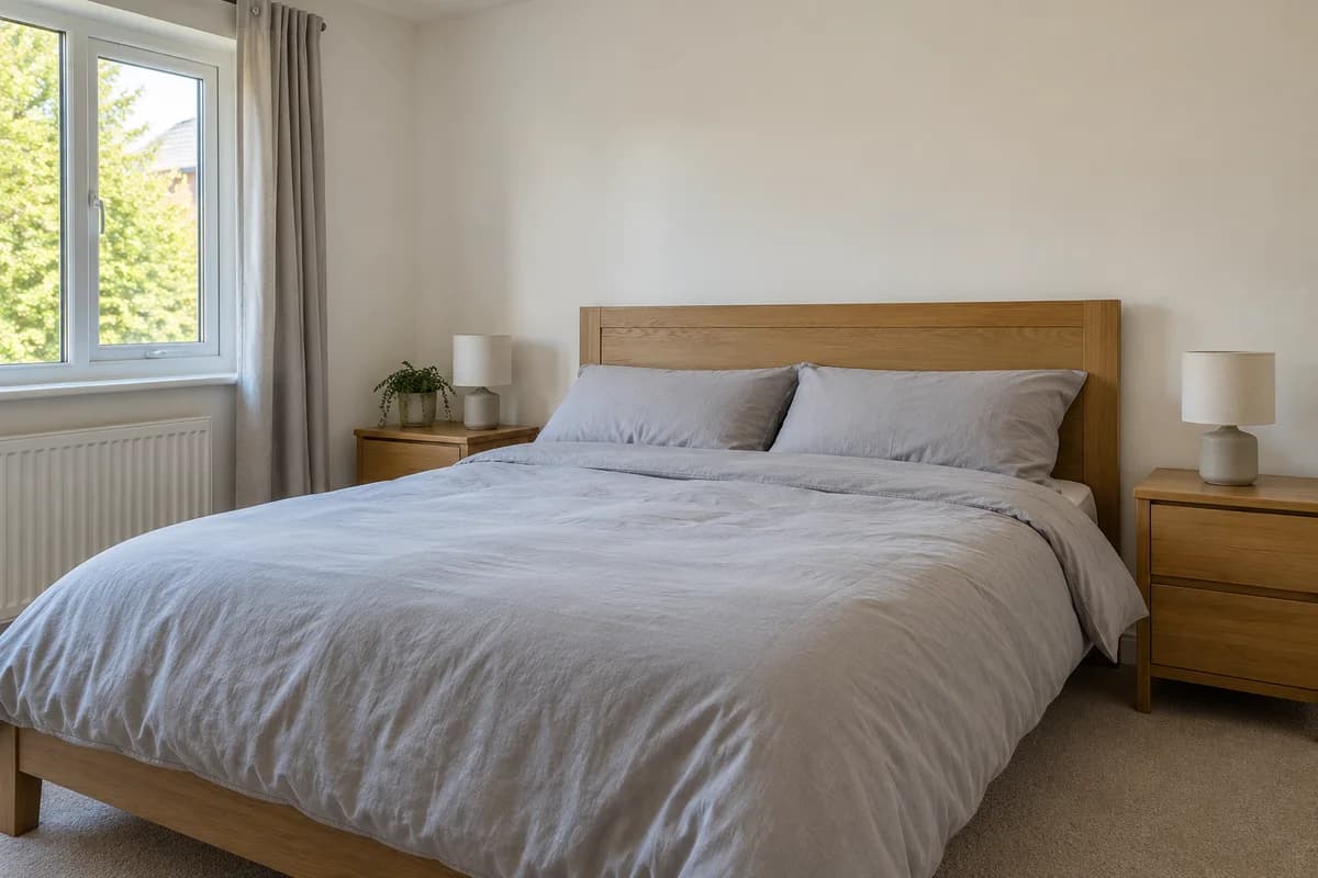 Bedroom with a white headboard wall, grey bedding and oak furniture.