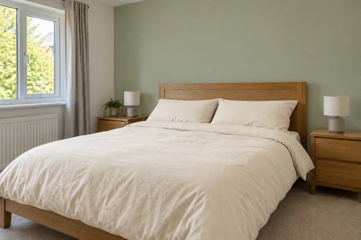 Same bedroom concept with a sage-green headboard wall and cream bedding.