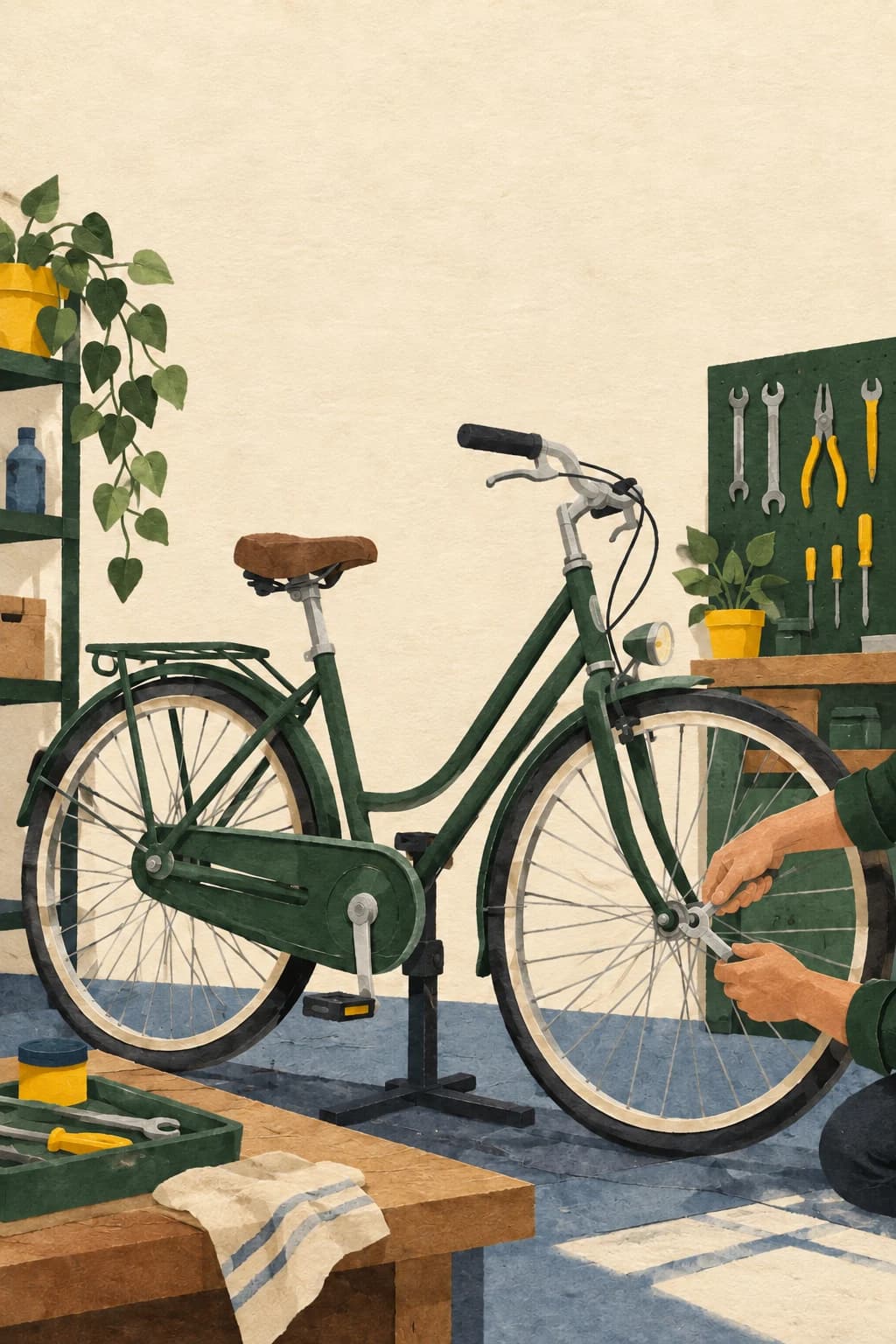 The bicycle-workshop illustration after a requested change from navy to forest green.