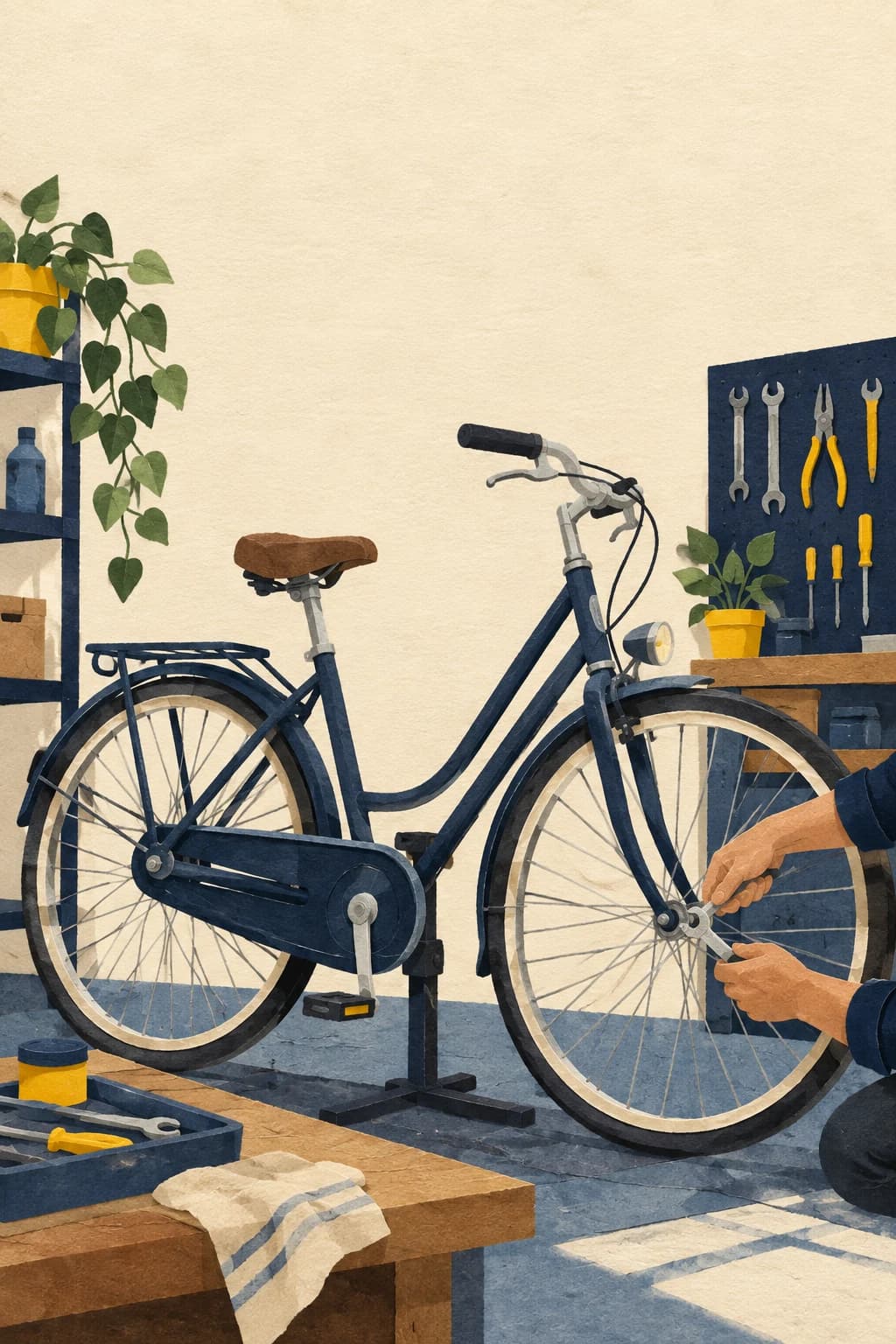 Paper-collage illustration of a navy city bicycle being repaired, with cream space above and yellow accents.