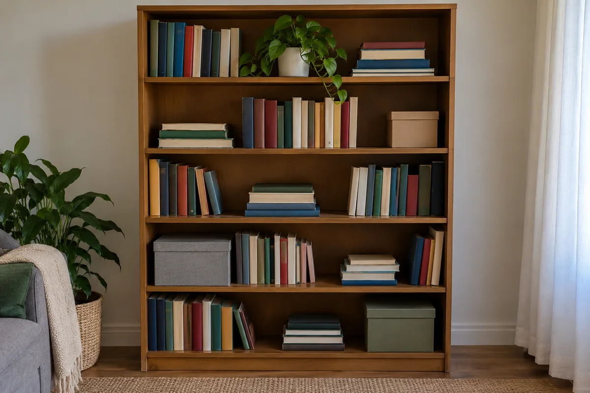 Bookcase with mixed upright and stacked books, two storage boxes and a small plant.