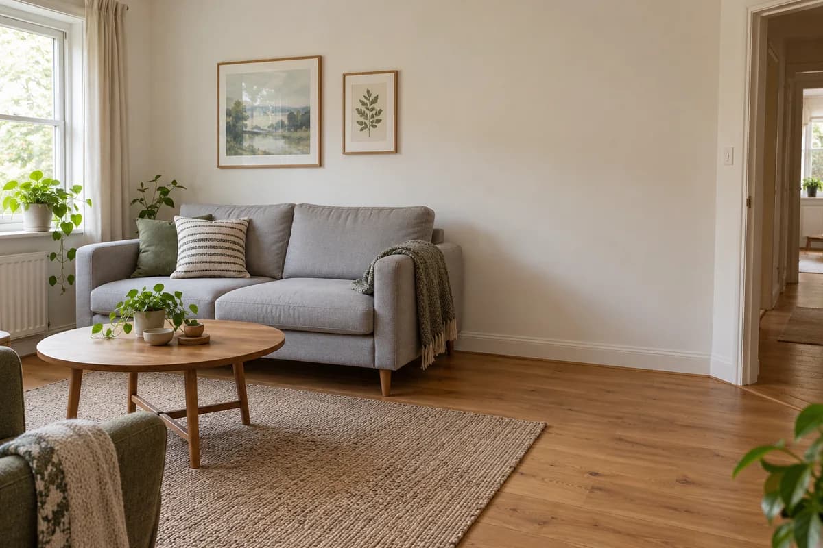 Grey sofa and round coffee table beside an empty wall and a doorway.