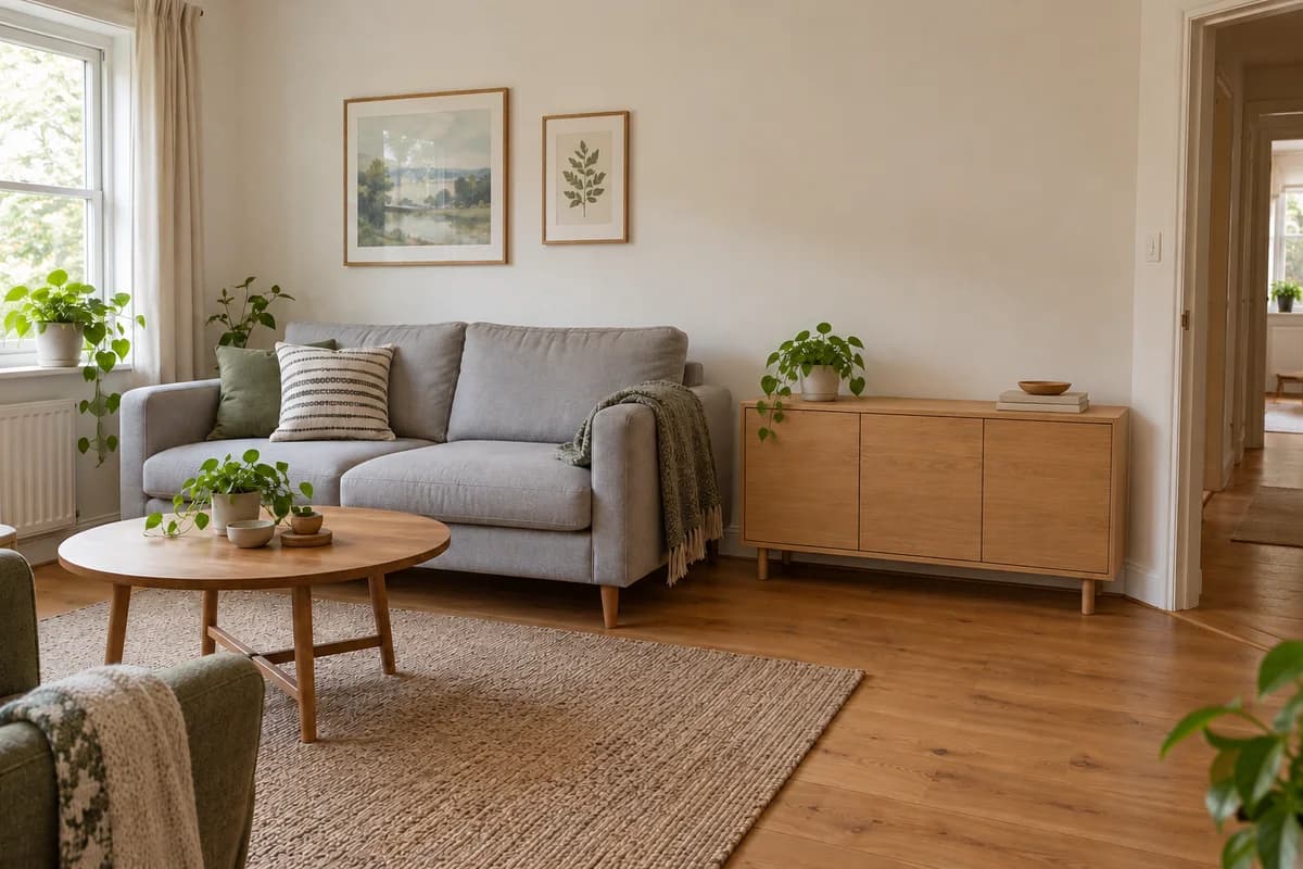 Low oak cabinet added beside the sofa, with the doorway still visible.