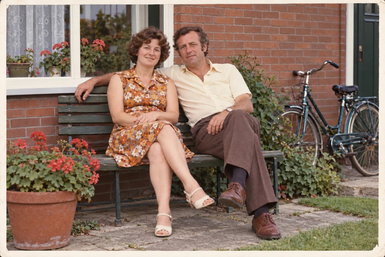 The synthetic garden-bench photo after a cautious cleanup, with reduced scratches and the print border retained.
